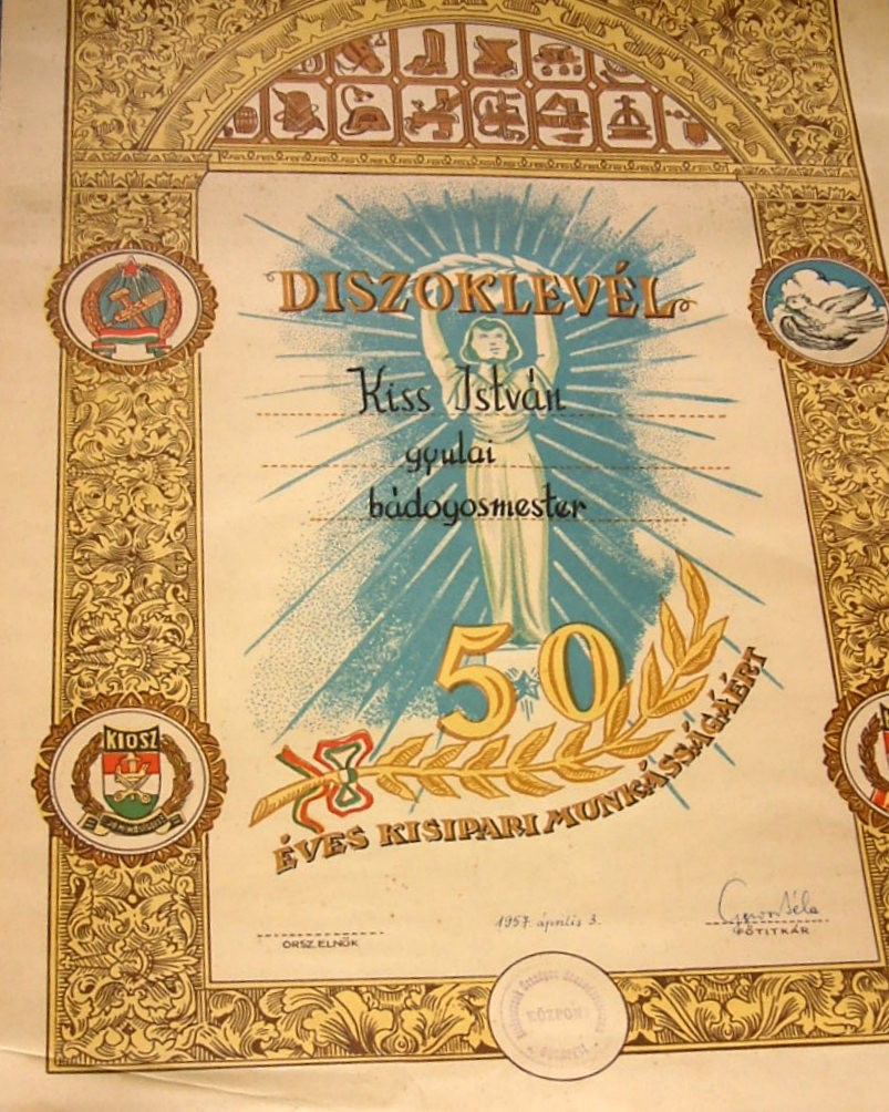 Díszoklevél 50 éves kisiparos munkásságért (Erkel Ferenc Múzeum CC BY-NC-SA)