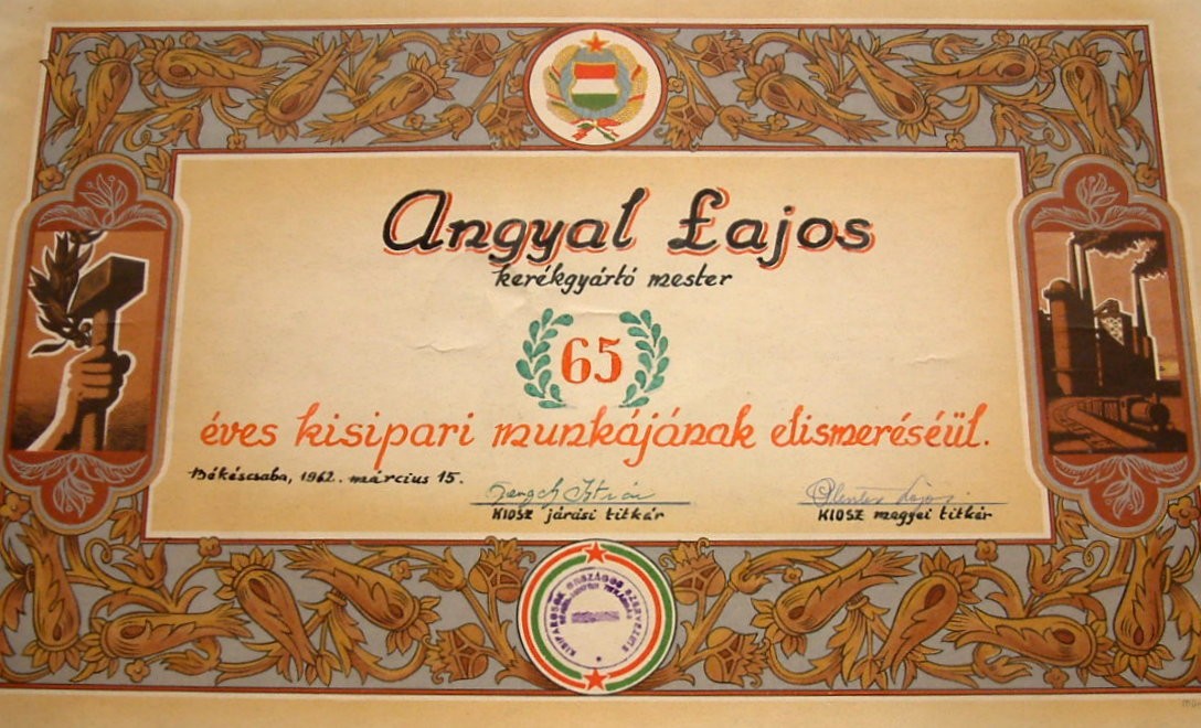 Díszoklevél 65 éves kisiparos munkásságért (Erkel Ferenc Múzeum CC BY-NC-SA)