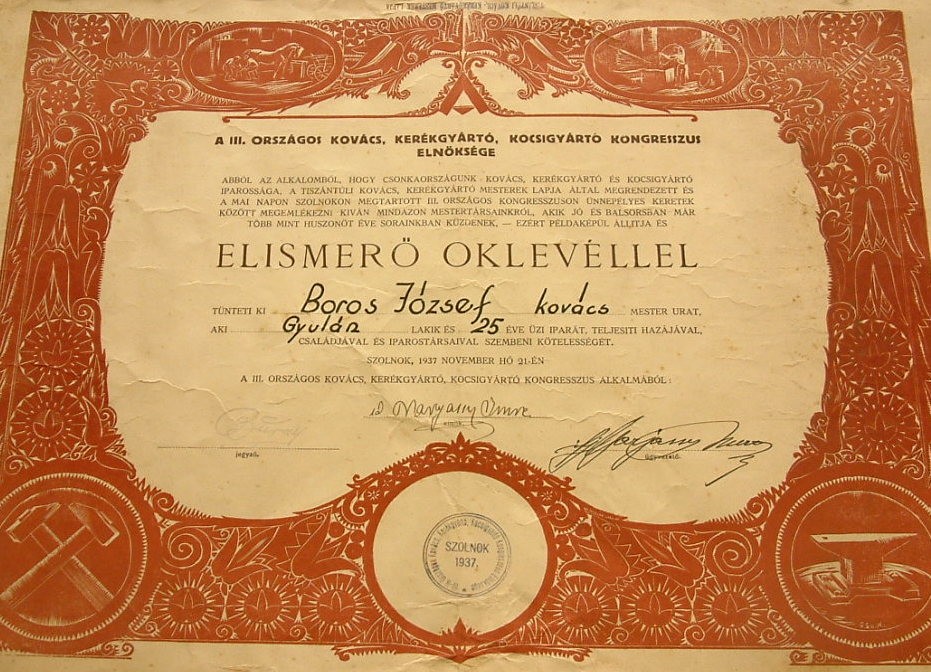 Elismerő oklevél (Erkel Ferenc Múzeum CC BY-NC-SA)