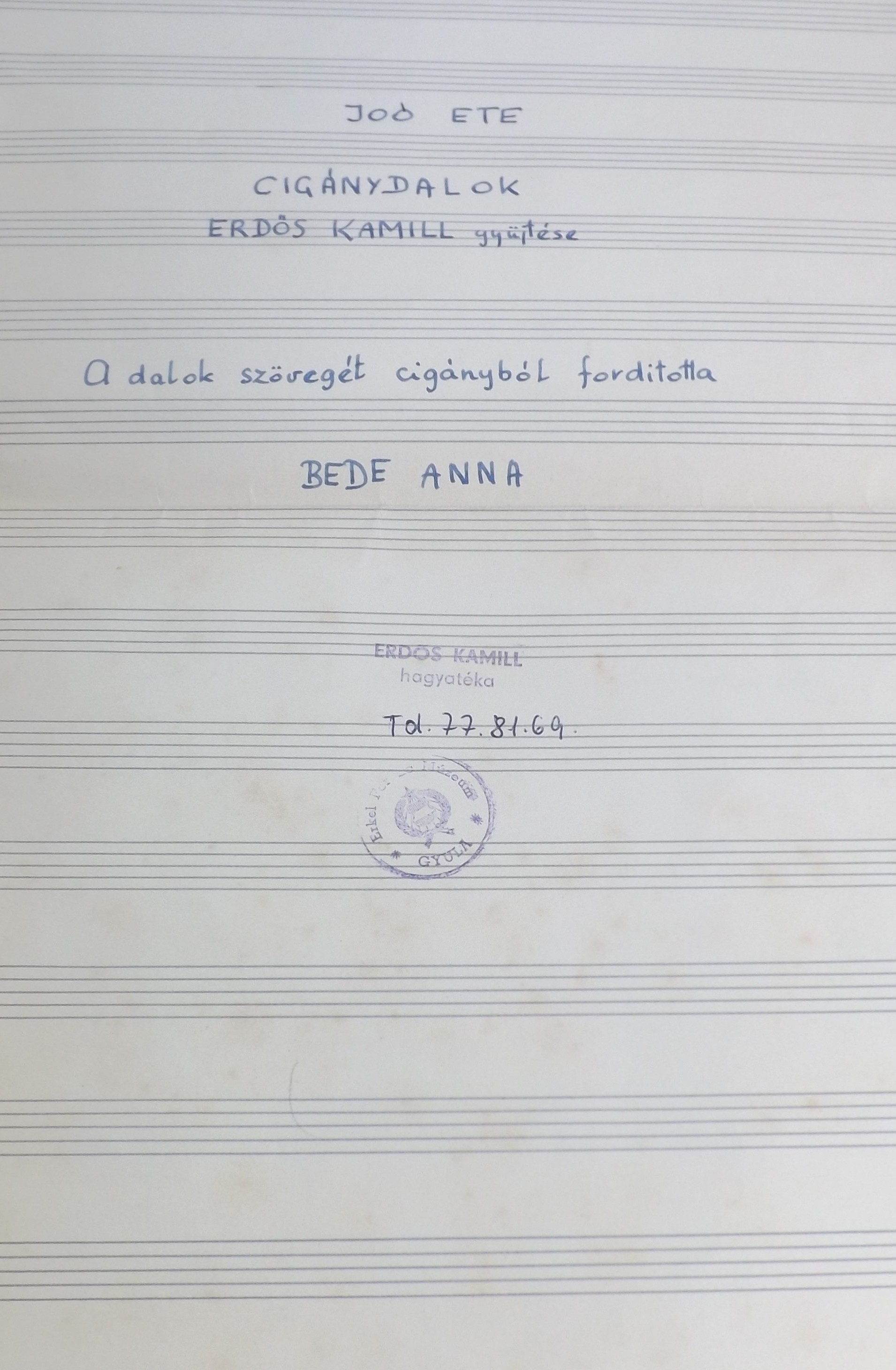 Kotta , kézzel írott (Erkel Ferenc Múzeum CC BY-NC-SA)