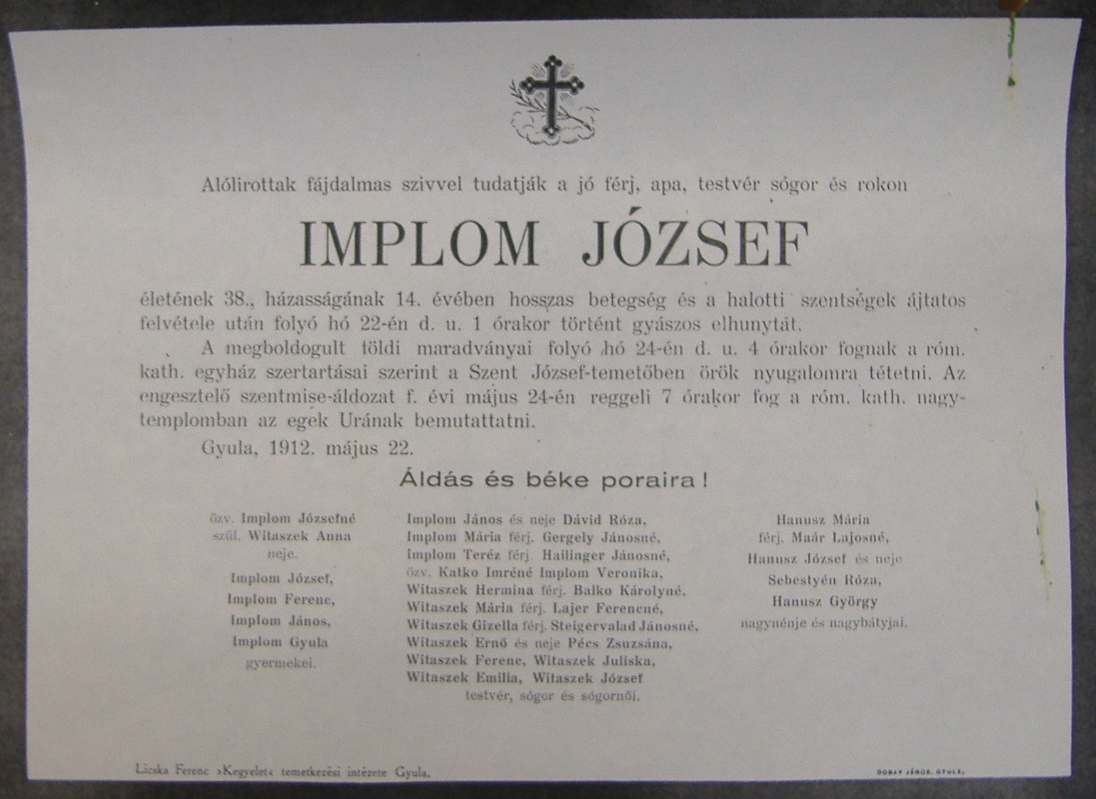 Gyászjelentés , másolat (Erkel Ferenc Múzeum CC BY-NC-SA)