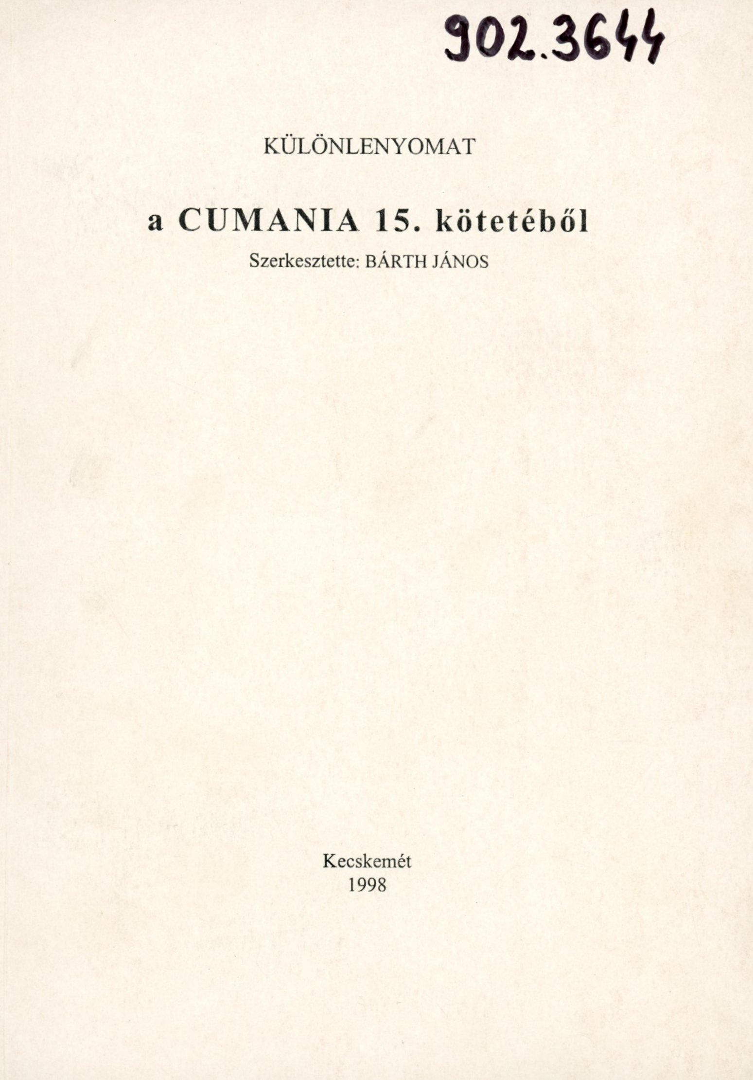 Különlenyomat a CUMANIA 15. kötetéből (Erkel Ferenc Múzeum és Könyvtár, Gyula CC BY-NC-SA)