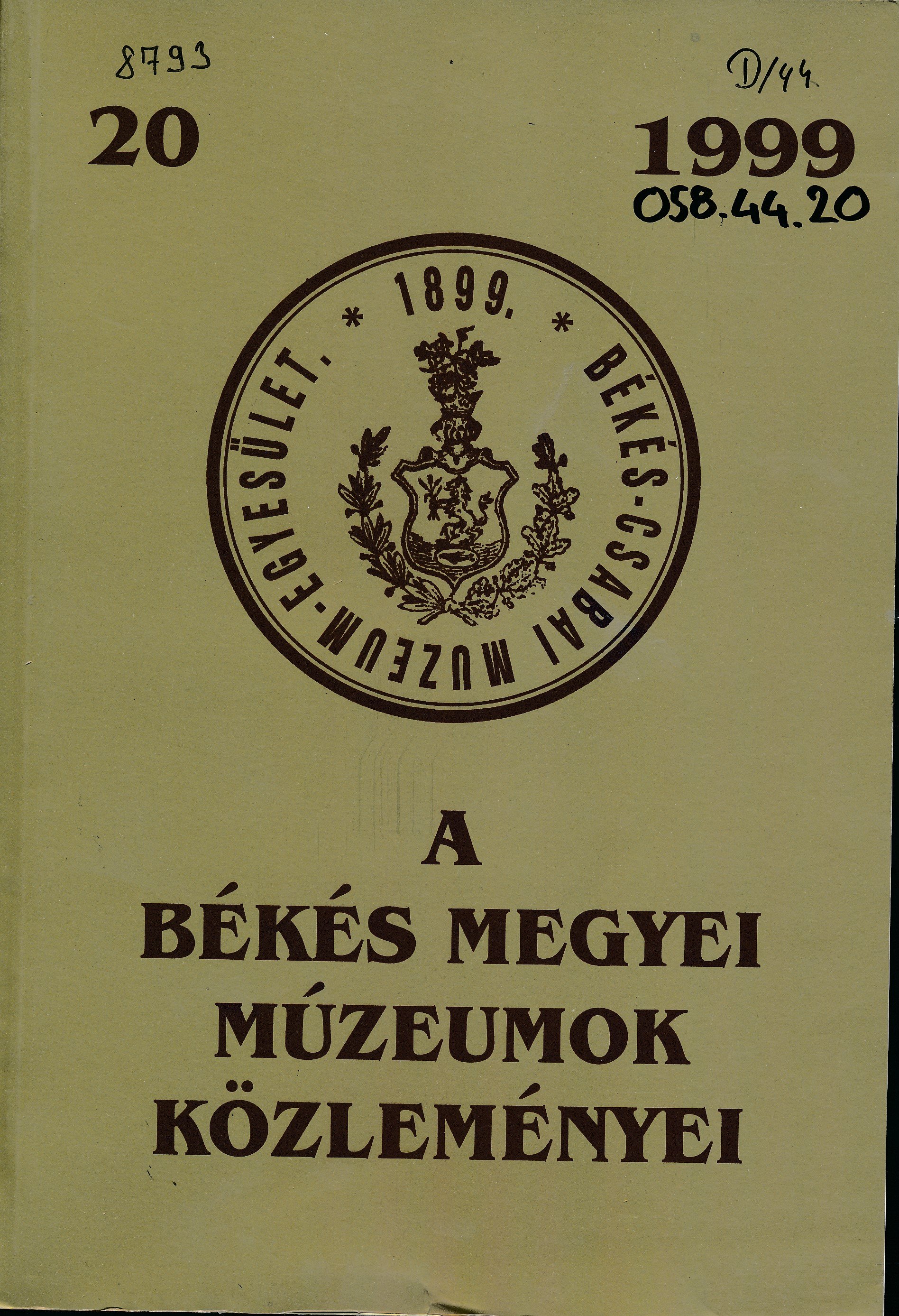 A Békés Megyei Múzeumok Közleményei 20 (Erkel Ferenc Múzeum és Könyvtár, Gyula CC BY-NC-SA)