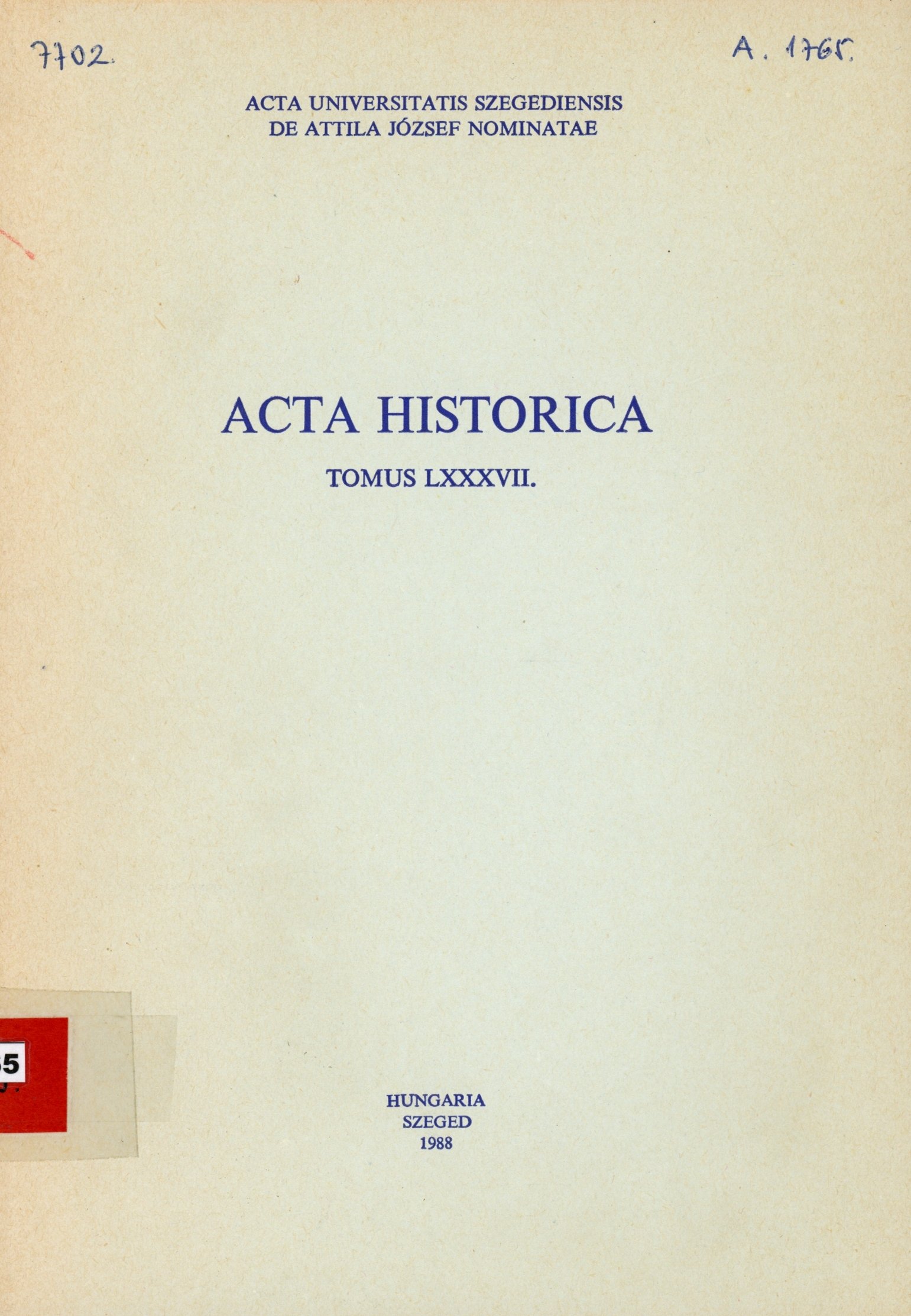 Acta Historica (Erkel Ferenc Múzeum és Könyvtár, Gyula CC BY-NC-SA)