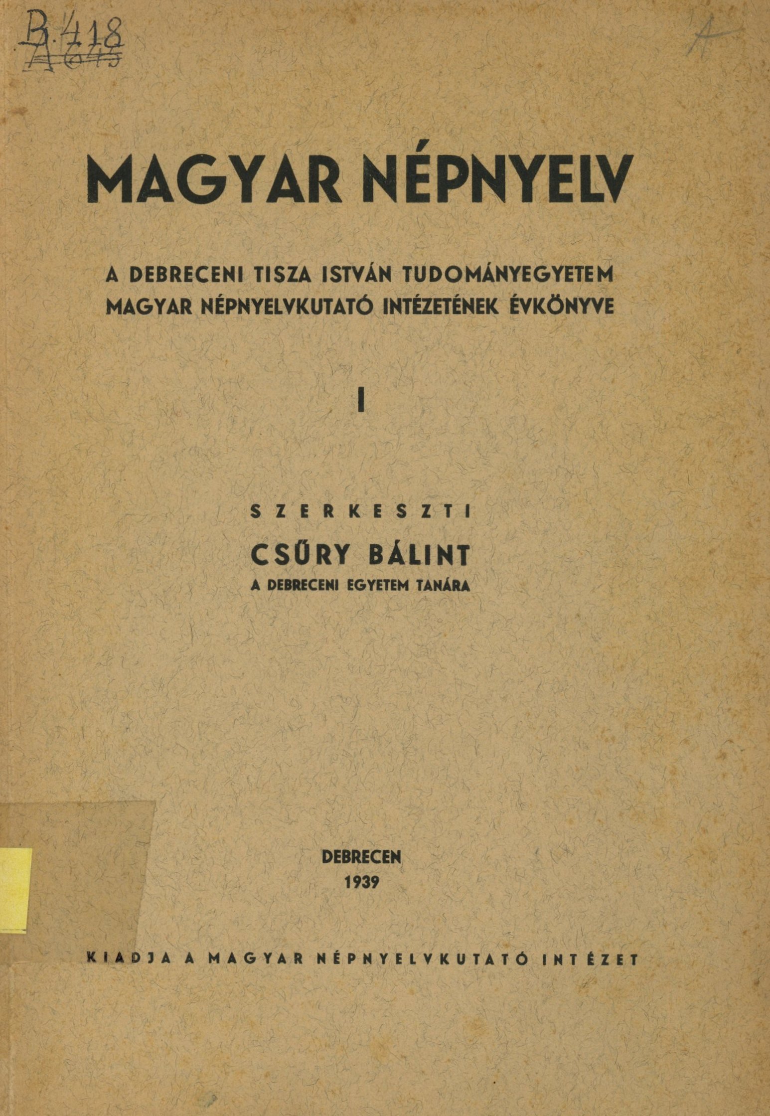 Magyar Népnyelv I (Erkel Ferenc Múzeum és Könyvtár, Gyula CC BY-NC-SA)