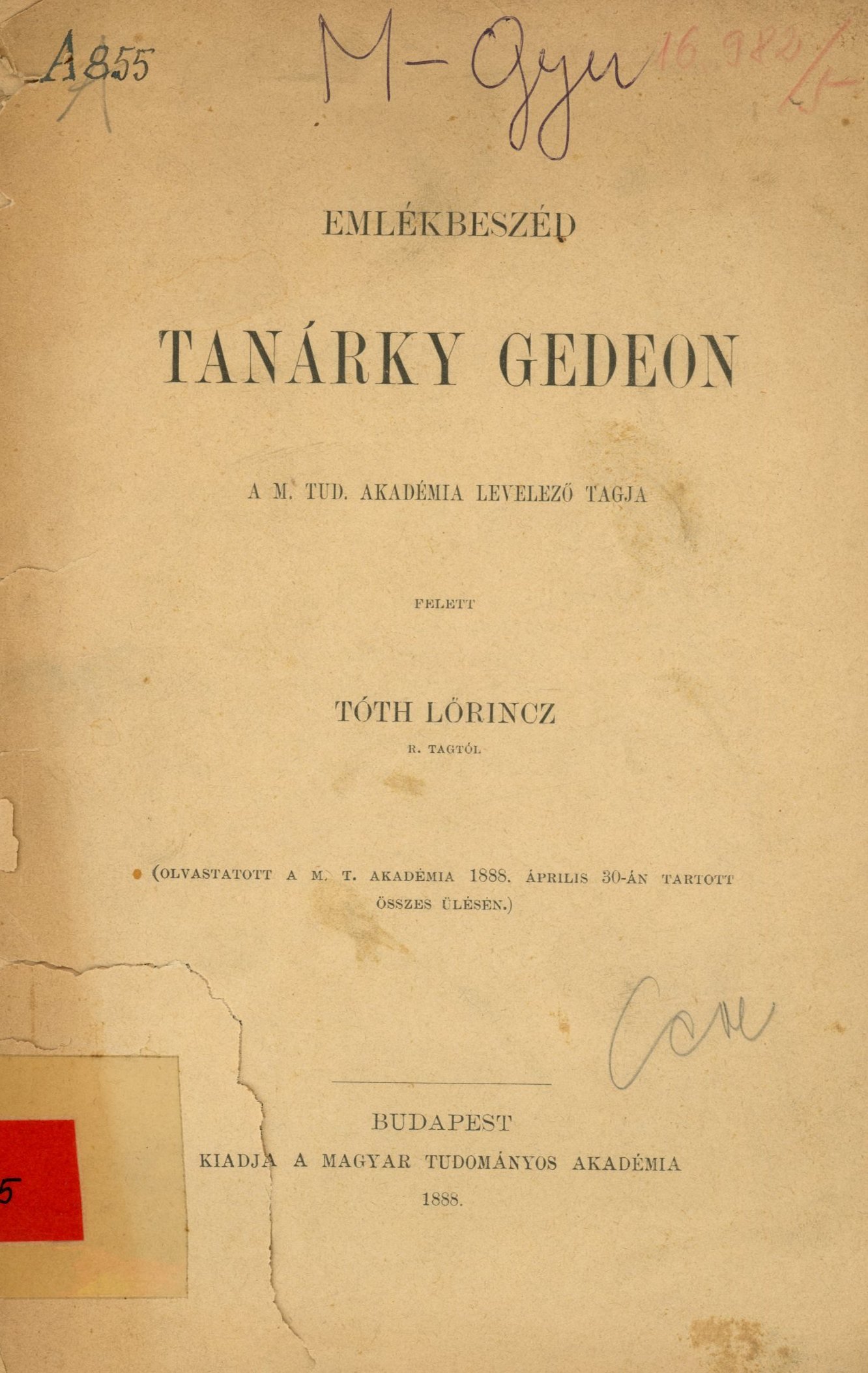 Emlékbeszéd Tanárky Gedeon (Erkel Ferenc Területi Múzeum, Gyula CC BY-NC-SA)