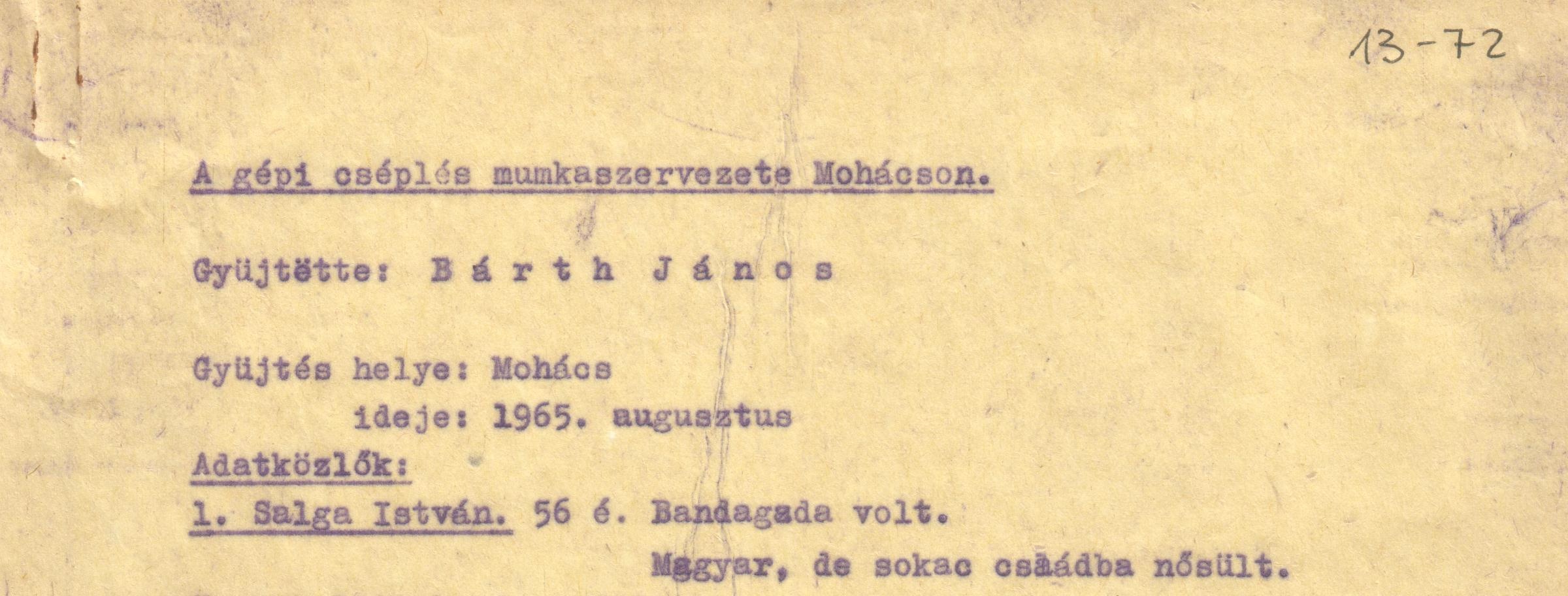 "A gépi cséplés munkaszervezete Mohácson" c. gyűjtés szövege. (Viski Károly Múzeum Kalocsa RR-F)
