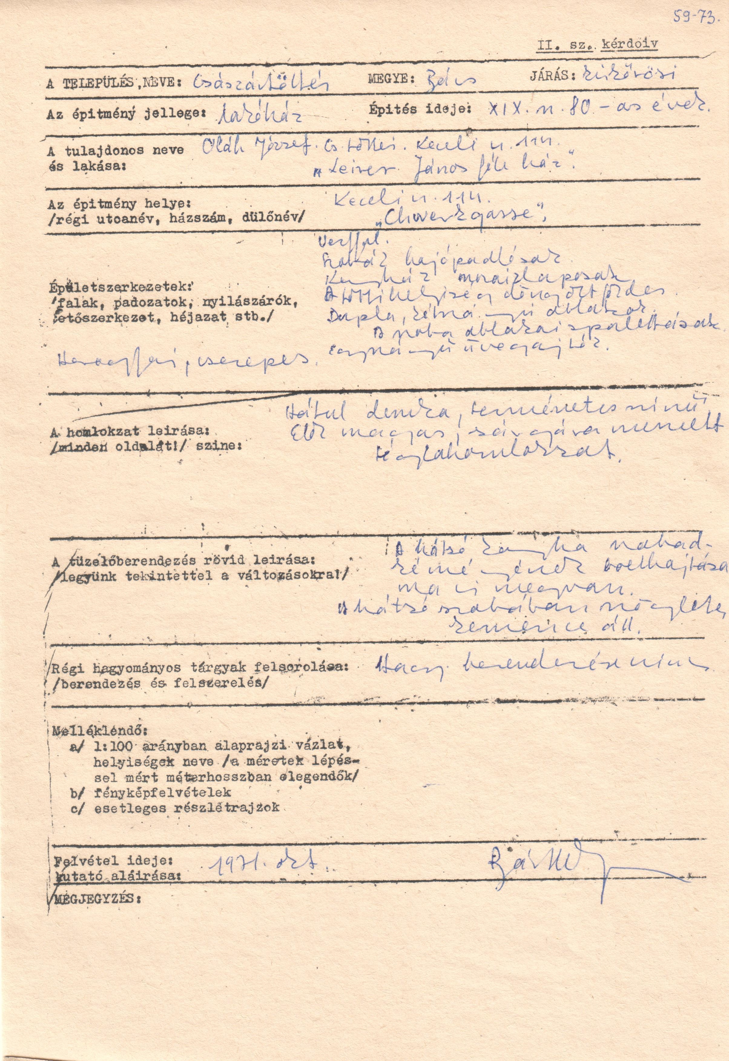 Császártöltési műemléki felmérés. (Viski Károly Múzeum Kalocsa RR-F)