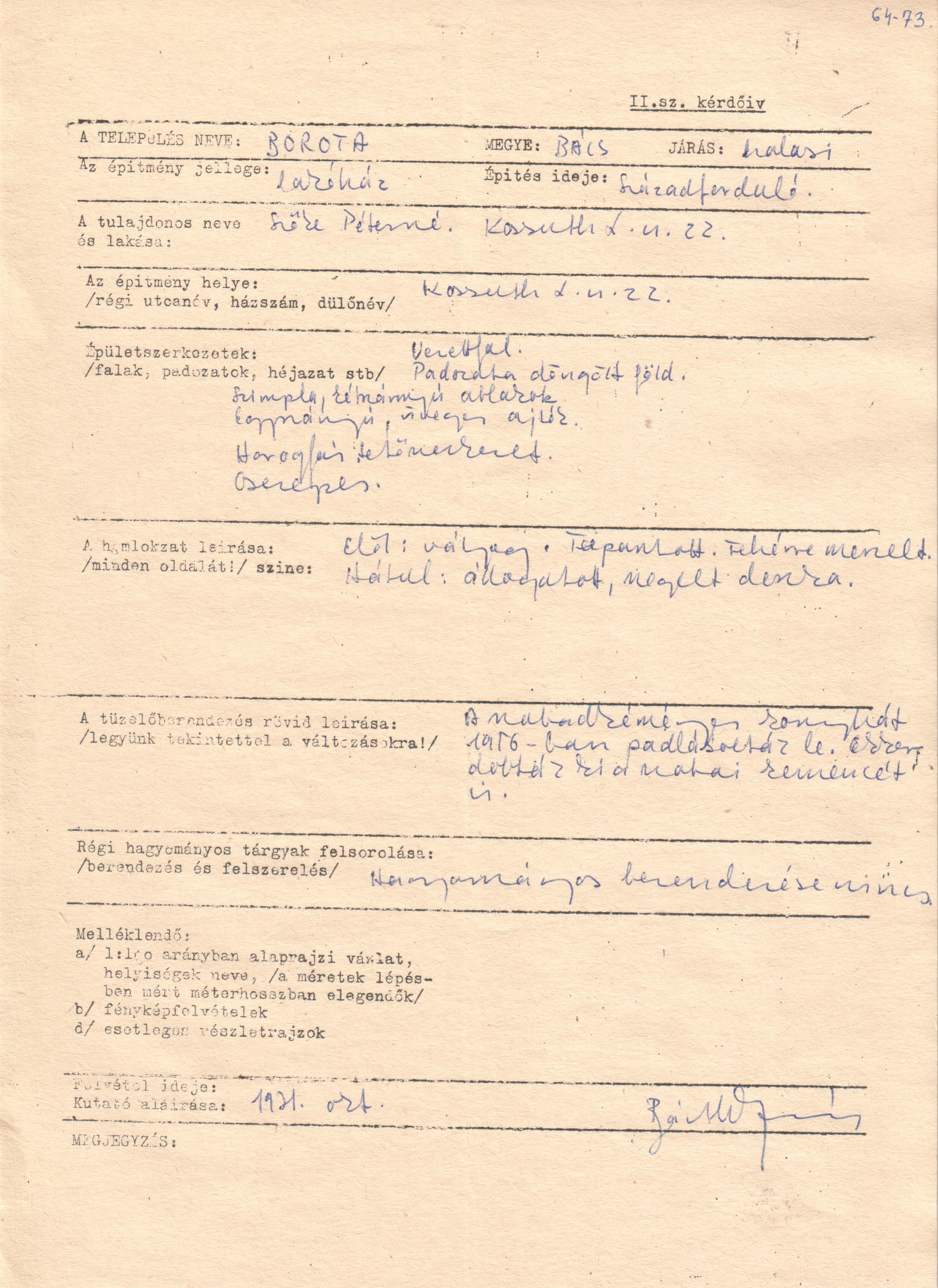 Borotai népi műemléki felmérés. (Viski Károly Múzeum Kalocsa RR-F)