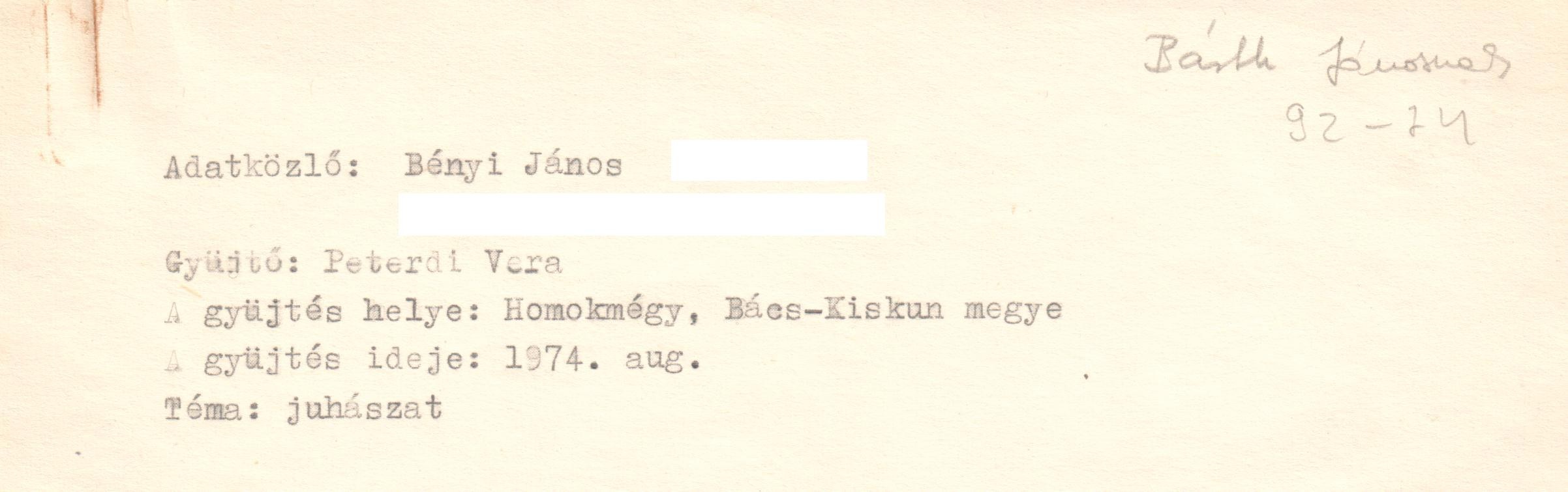 Juhászat Homokmégyen c. gyűjtés gépirata. (Viski Károly Múzeum Kalocsa RR-F)