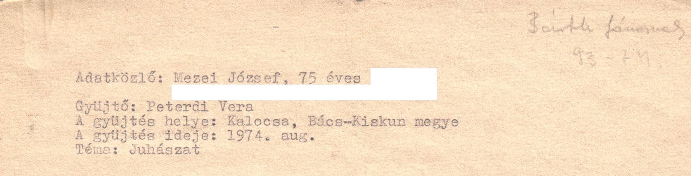 Juhászat c. gyűjtés gépirata. (Viski Károly Múzeum Kalocsa RR-F)