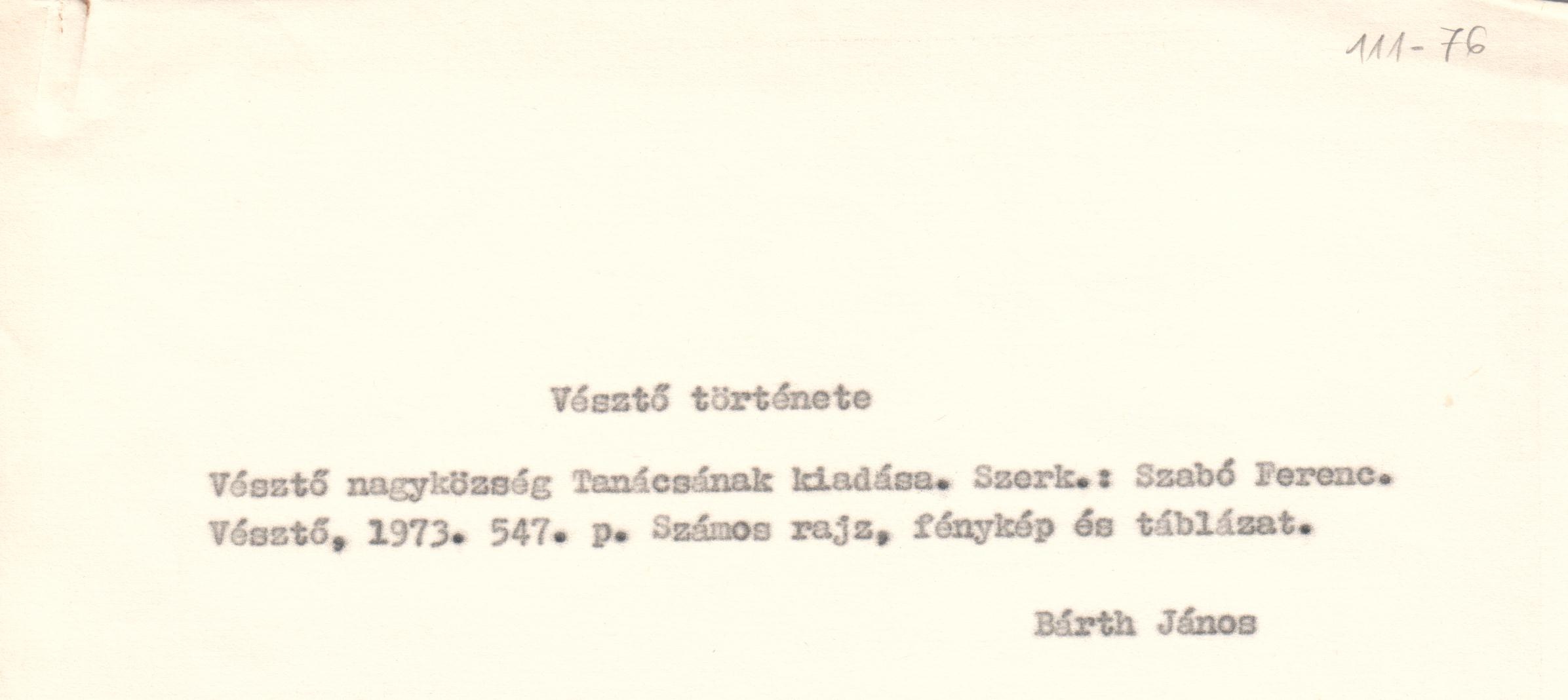 Vésztő története c. könyvismertetés gépirata. (Viski Károly Múzeum Kalocsa RR-F)