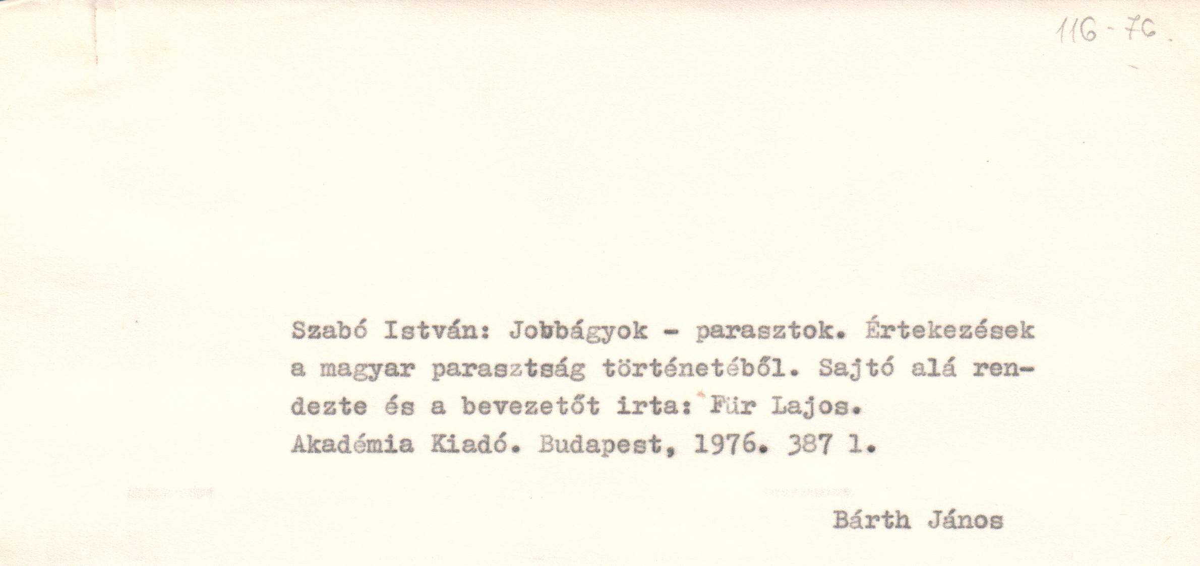 Szabó István: Jobbágyok- parasztok c. könyvismertetés gépirata. (Viski Károly Múzeum Kalocsa RR-F)