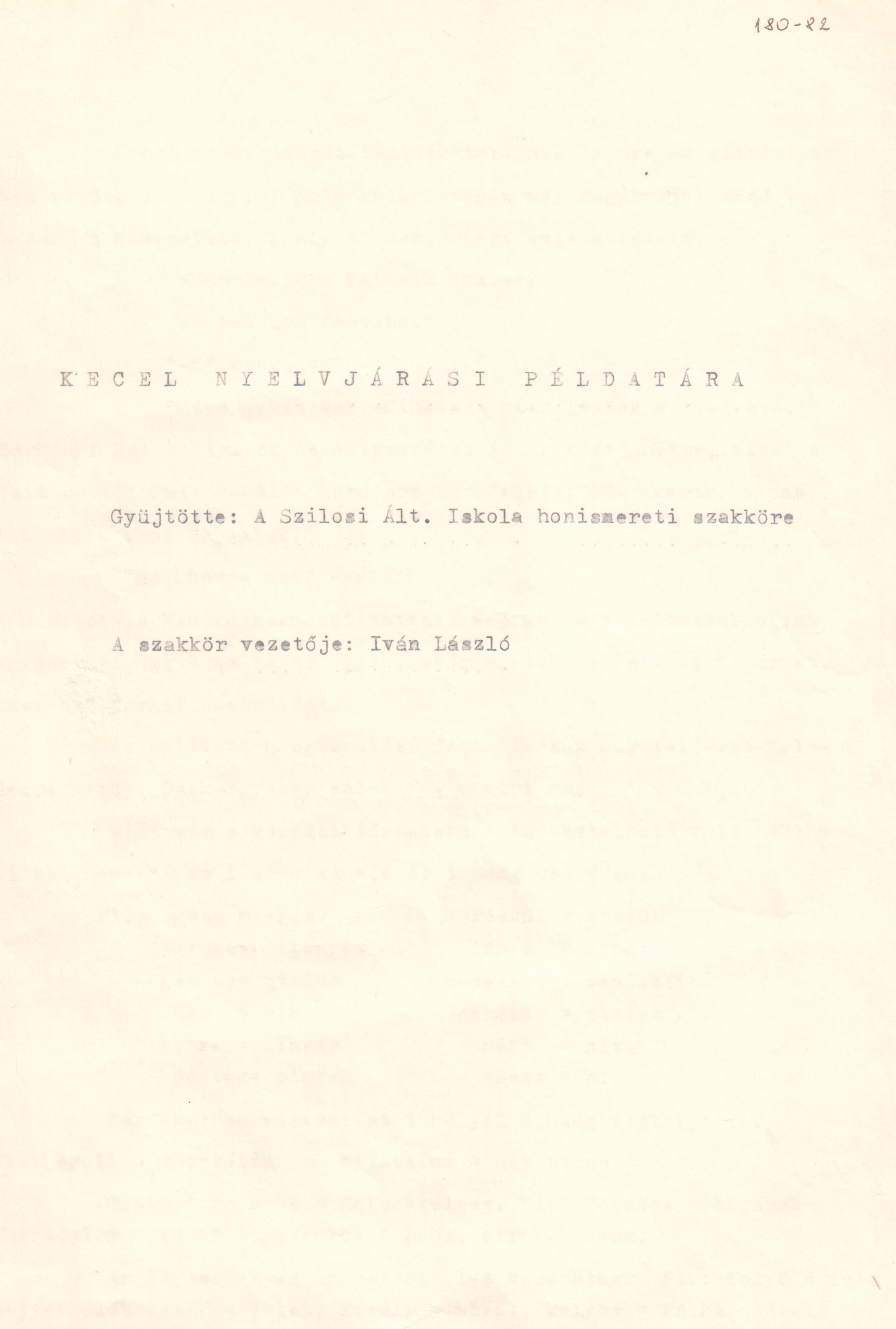 Kecel nyelvjárási példatára c. néprajzi gyűjtés gépirata. (Viski Károly Múzeum Kalocsa RR-F)