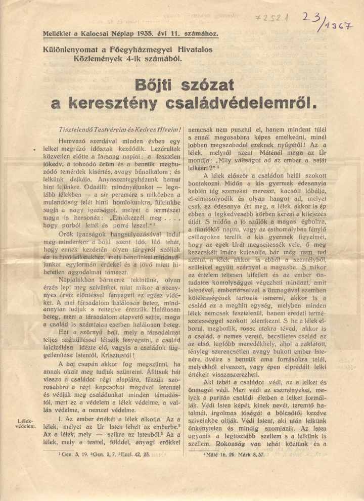 Újságmelléklet, Böjti szózat a keresztény családvédelemről (Viski Károly Múzeum Kalocsa RR-F)