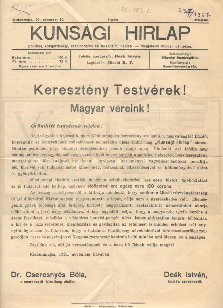 Újság, Kunsági Hírlap (Viski Károly Múzeum Kalocsa RR-F)