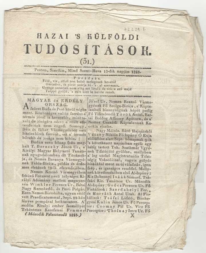 Újság, Hazai s Külföldi Tudósítások (Viski Károly Múzeum Kalocsa RR-F)