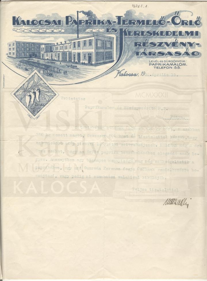 Levél (Viski Károly Múzeum Kalocsa RR-F)
