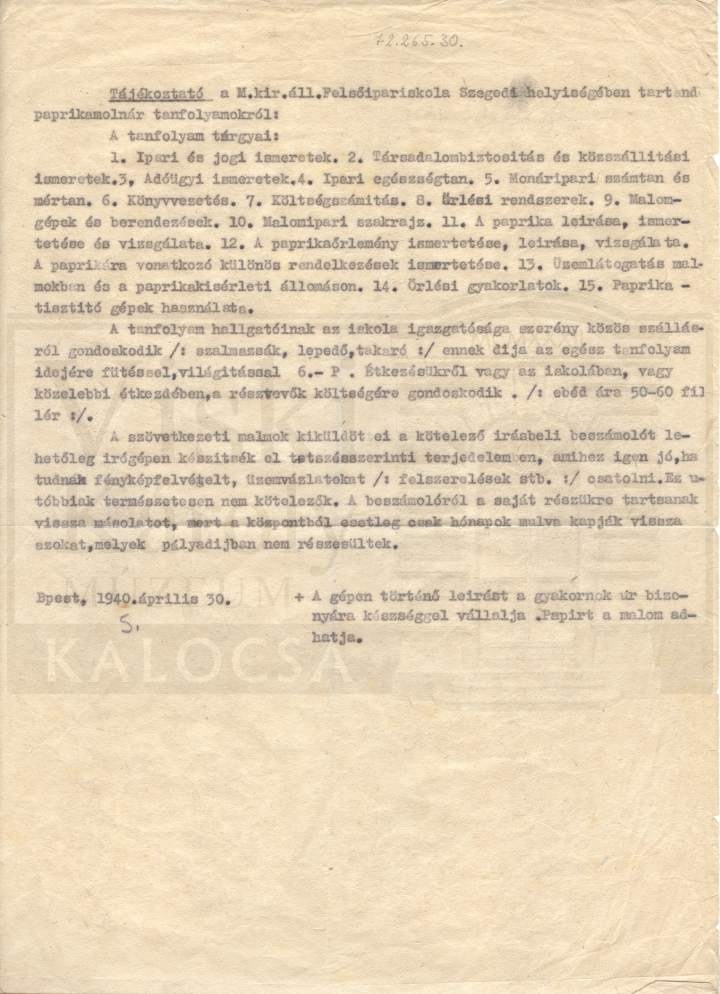 Tájékoztató (Viski Károly Múzeum Kalocsa RR-F)