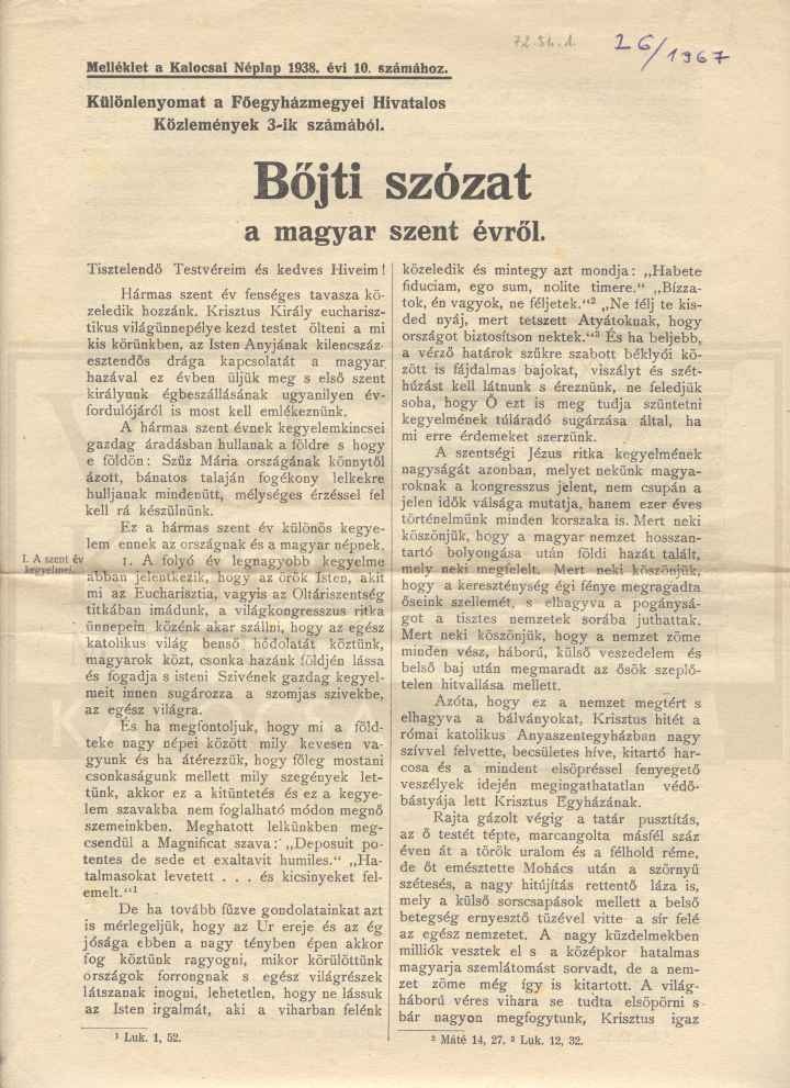 Újságmelléklet, Böjti szózat a magyar szent évről (Viski Károly Múzeum Kalocsa RR-F)