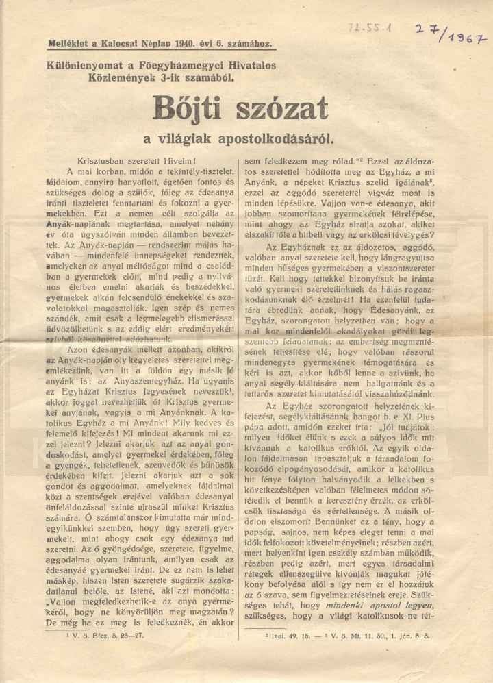 Újságmelléklet, Böjti szózat a világiak apostolkodásáról (Viski Károly Múzeum Kalocsa RR-F)