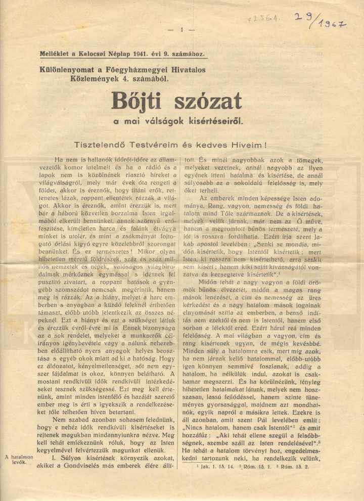 Újságmelléklet, Böjti szózat a mai válságok kísértéseiről (Viski Károly Múzeum Kalocsa RR-F)