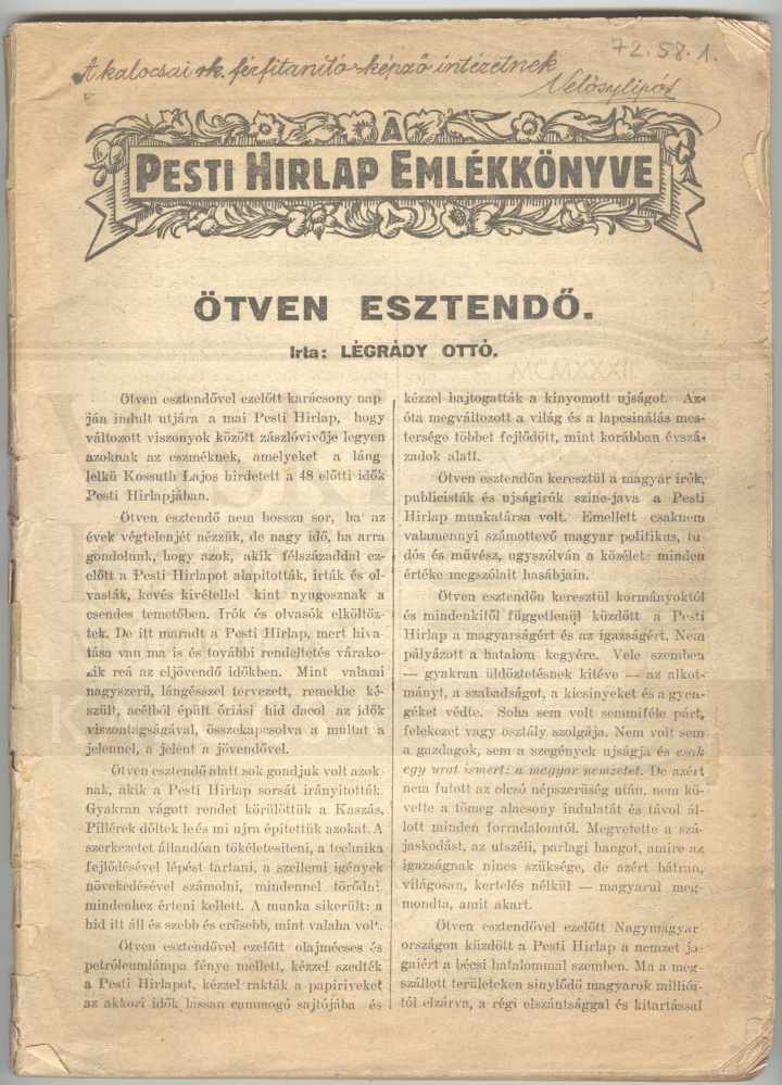 Újságmelléklet, Pesti Hírlap Emlékkönyve (Viski Károly Múzeum Kalocsa RR-F)