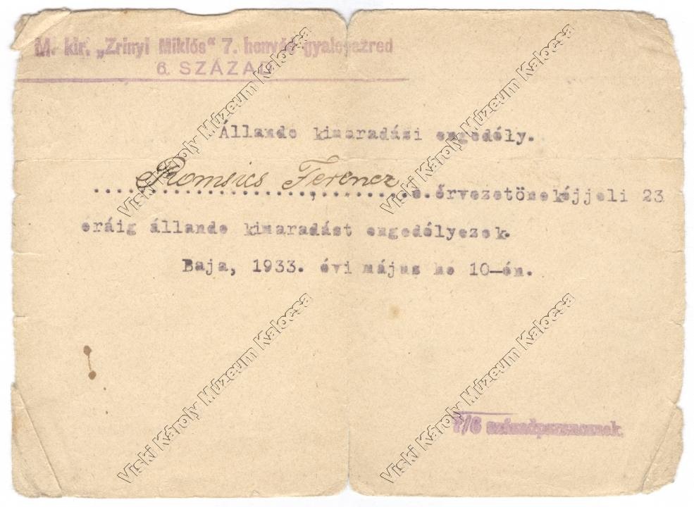 Kimaradási engedély (Viski Károly Múzeum Kalocsa RR-F)