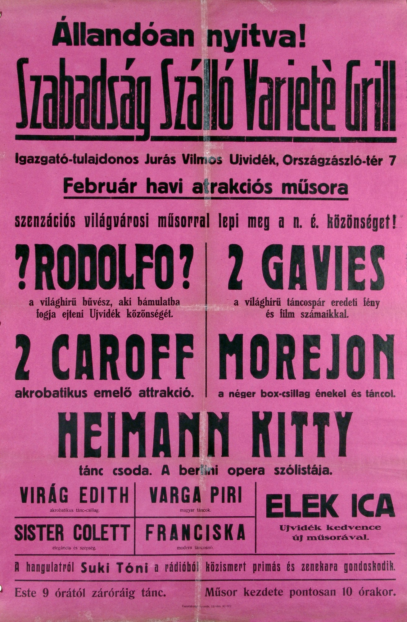Szabadság Szálló Varieté Grill műsorhirdető plakát (Kecskeméti Katona József Múzeum CC BY-NC-SA)