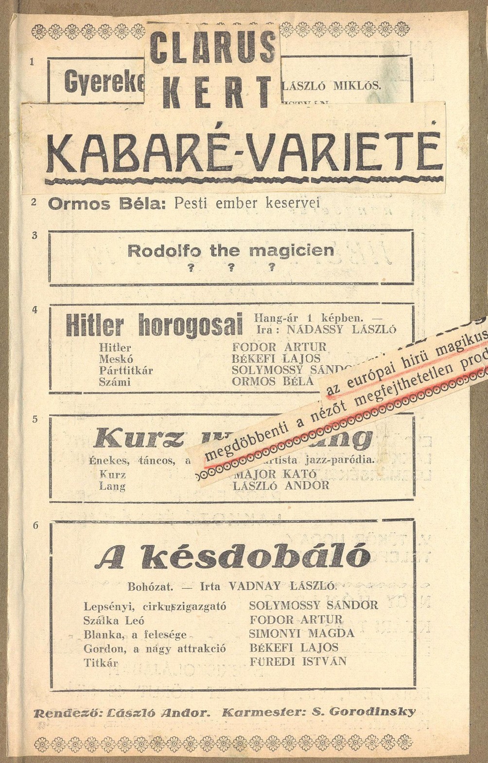 Clarus Kabaré műsor szórólapja (Kecskeméti Katona József Múzeum CC BY-NC-SA)