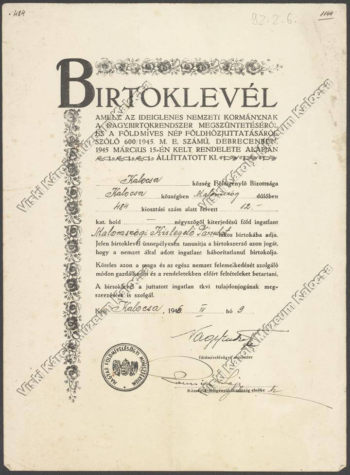 Birtoklevél, nyomtatvány (Viski Károly Múzeum Kalocsa RR-F)