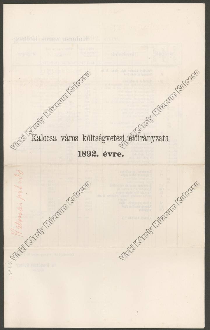 Költségvetési tervezet (Viski Károly Múzeum Kalocsa RR-F)