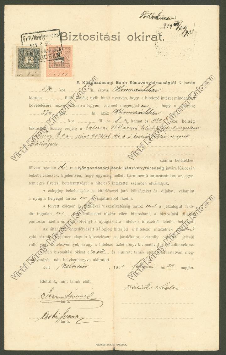 Biztosítási okirat (Viski Károly Múzeum Kalocsa RR-F)