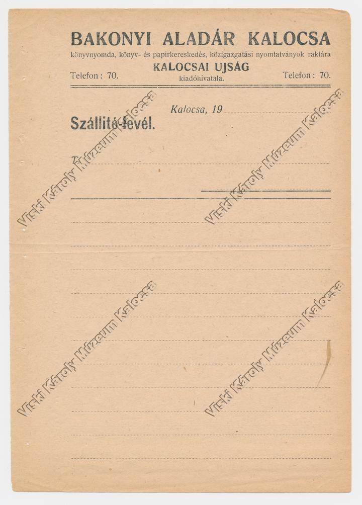 Szállítólevél (Viski Károly Múzeum Kalocsa RR-F)