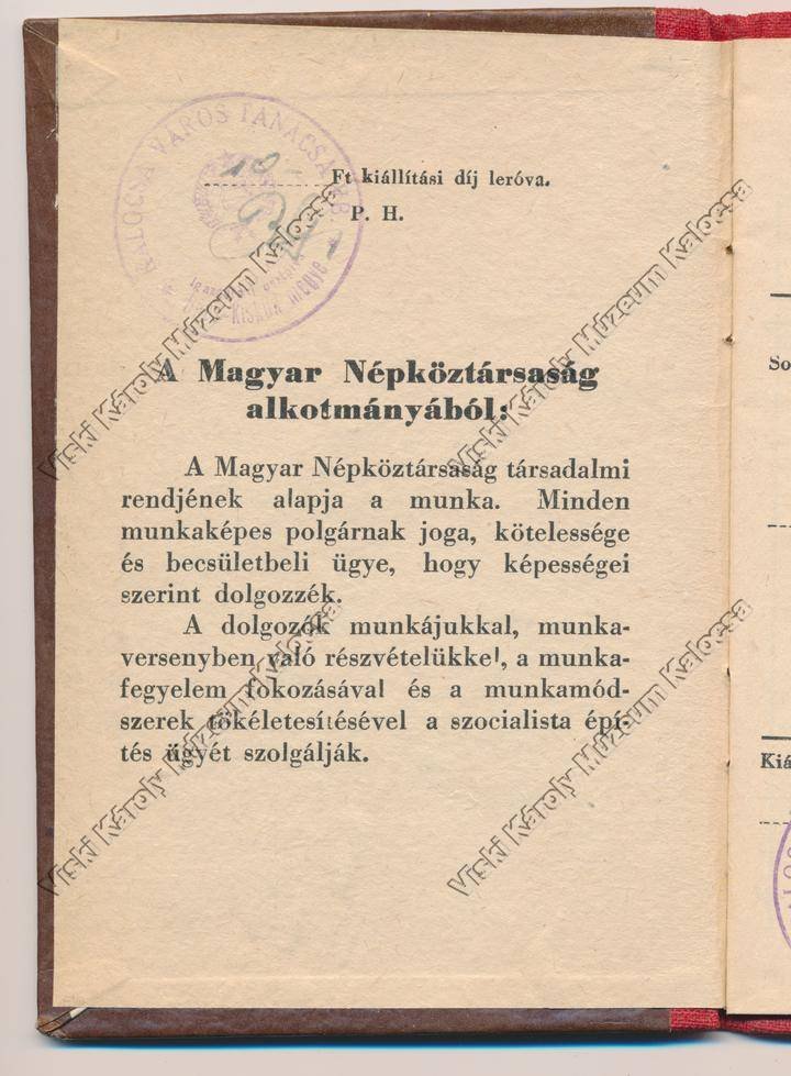 Munkakönyv (Viski Károly Múzeum Kalocsa RR-F)
