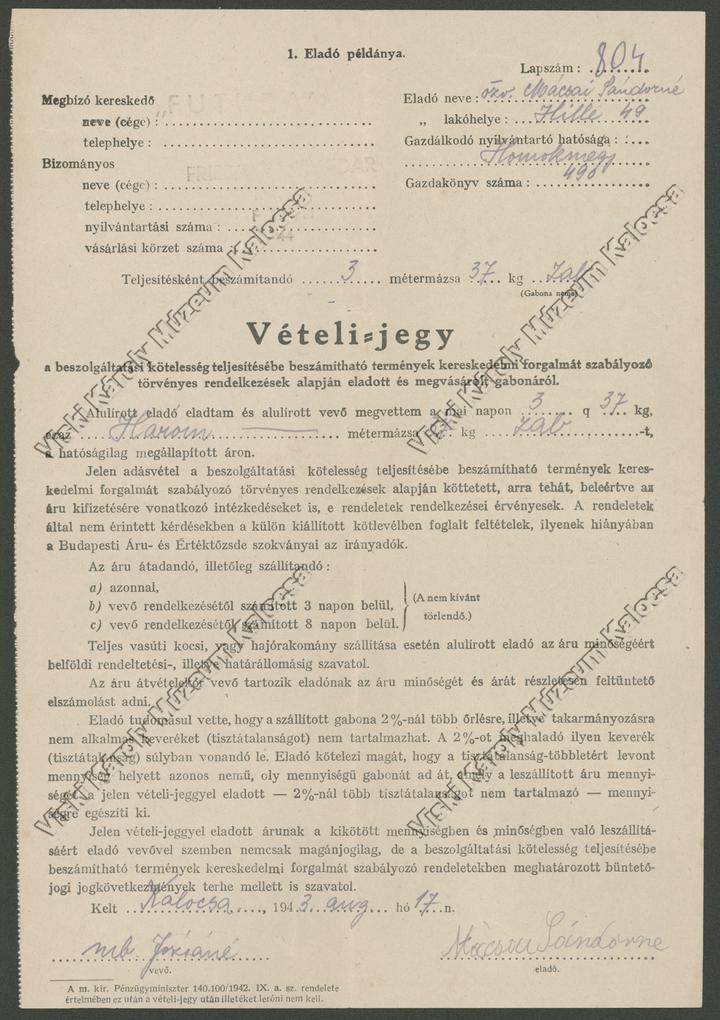 Vételi-jegy (Viski Károly Múzeum Kalocsa RR-F)