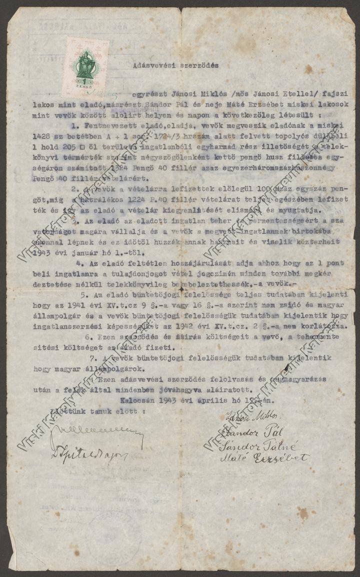 Adásvételi szerződés (Viski Károly Múzeum Kalocsa RR-F)