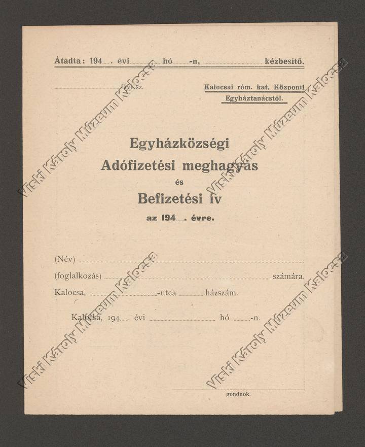 Befizetési ív (Viski Károly Múzeum Kalocsa RR-F)