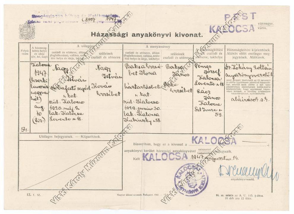 Anyakönyvi ivonat (Viski Károly Múzeum Kalocsa RR-F)