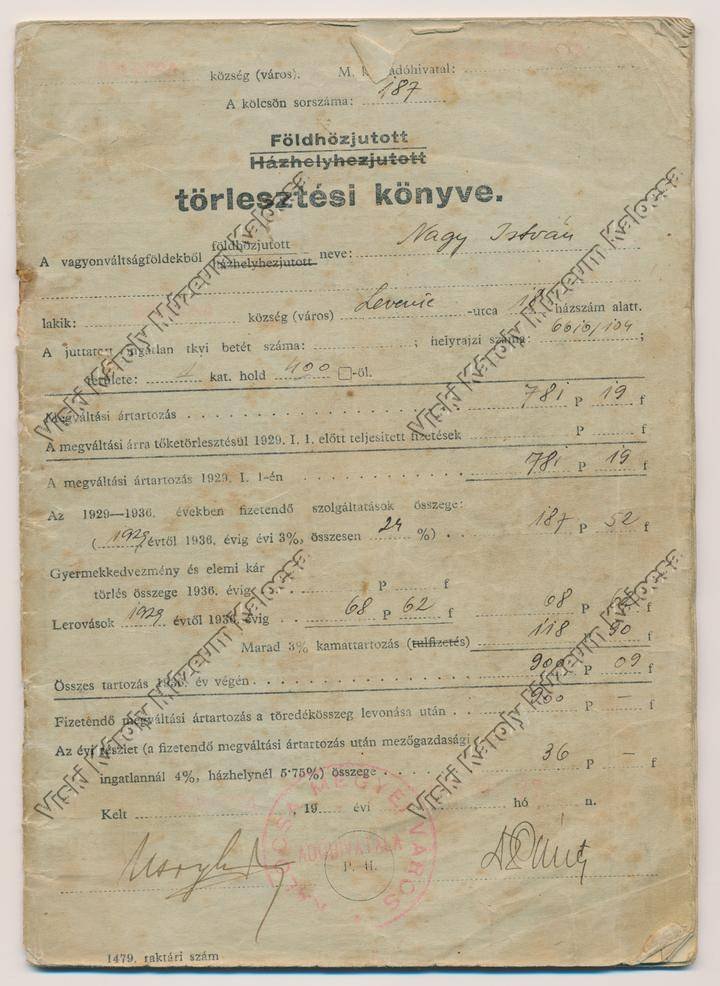 Törlesztési könyv (Viski Károly Múzeum Kalocsa RR-F)