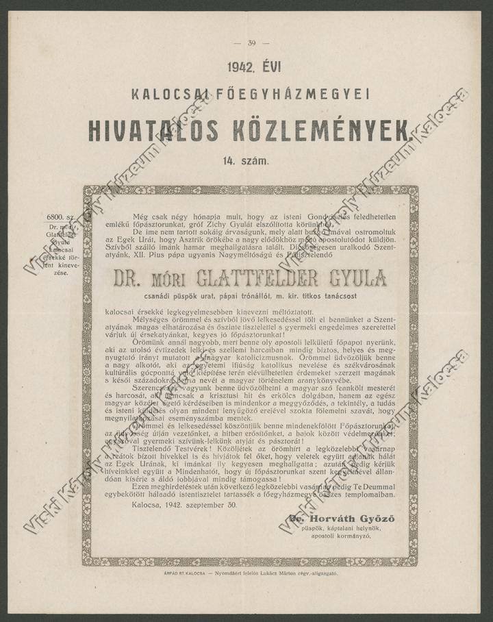 Közlemény (Viski Károly Múzeum Kalocsa RR-F)