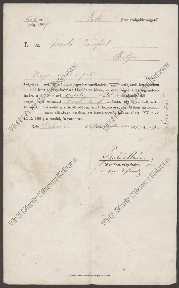 Végrehajtási bejelentés (Viski Károly Múzeum Kalocsa RR-F)