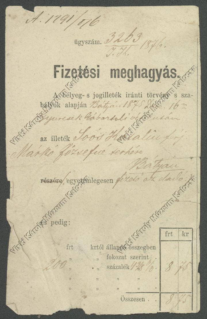 Fizetési meghagyás (Viski Károly Múzeum Kalocsa RR-F)