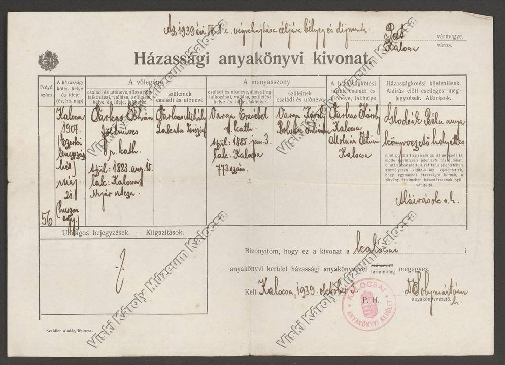 Házassági anyakönyvi kivonat (Viski Károly Múzeum Kalocsa RR-F)