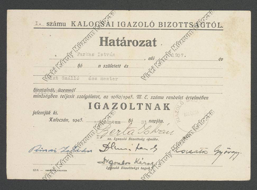Határozat (Viski Károly Múzeum Kalocsa RR-F)
