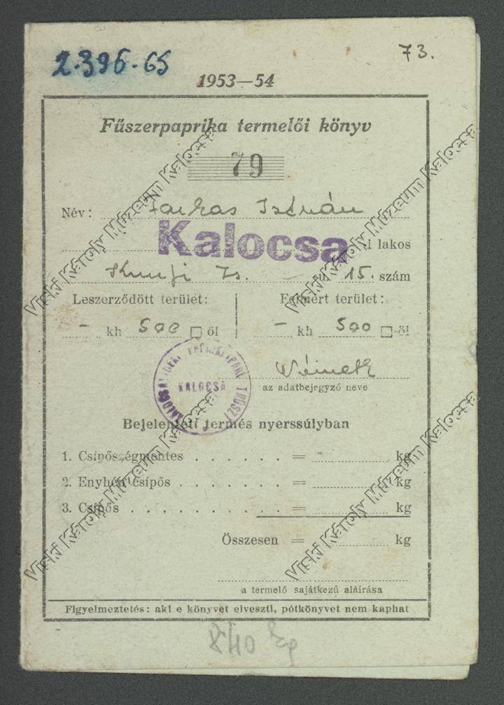 Termelői könyv (Viski Károly Múzeum Kalocsa RR-F)