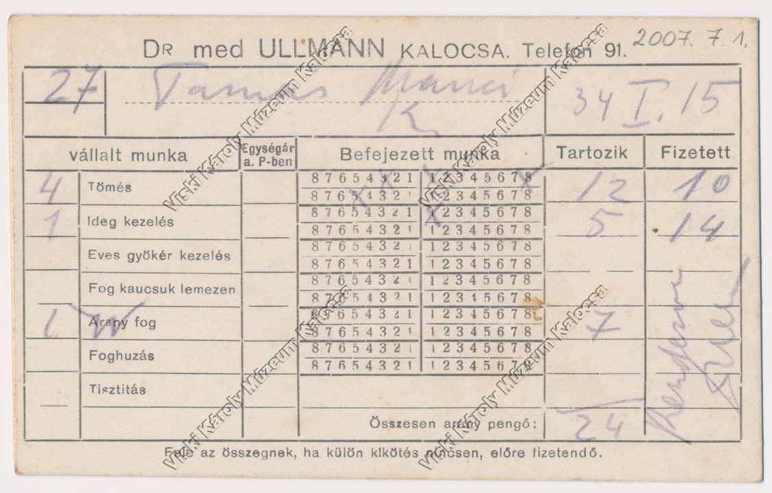Orvosi kezelőlap (Viski Károly Múzeum Kalocsa RR-F)