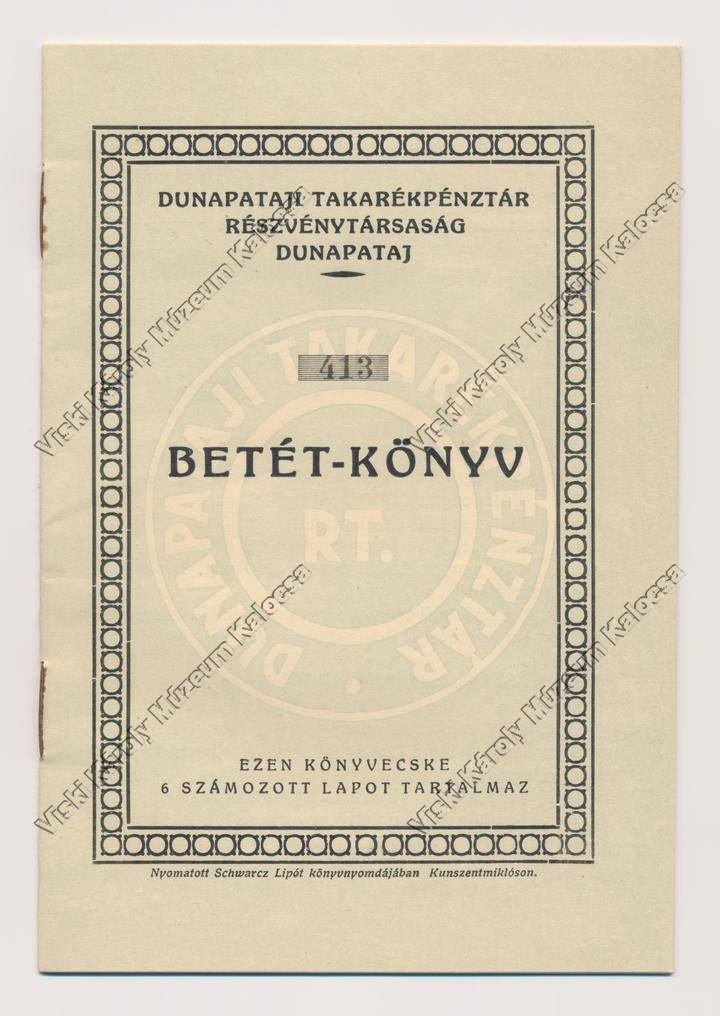 Betét-könyv (Viski Károly Múzeum Kalocsa RR-F)