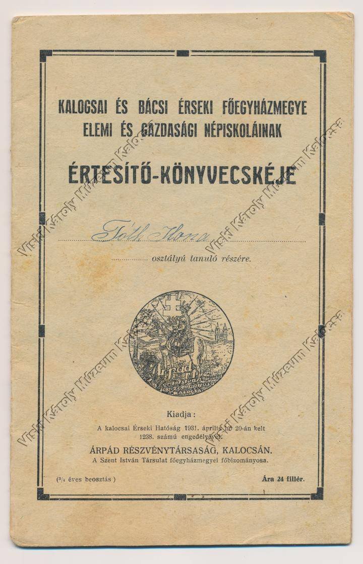 Értesítő könyv (Viski Károly Múzeum Kalocsa RR-F)