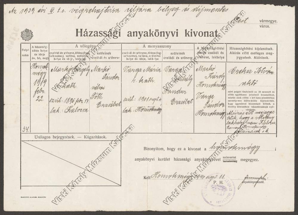 Anyakönyvi kivonat (Viski Károly Múzeum Kalocsa RR-F)